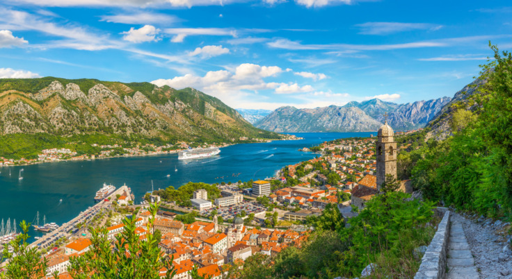 View from Kotor Fortress down to the town of Kotor and the Bay of Kotor, Montenegro