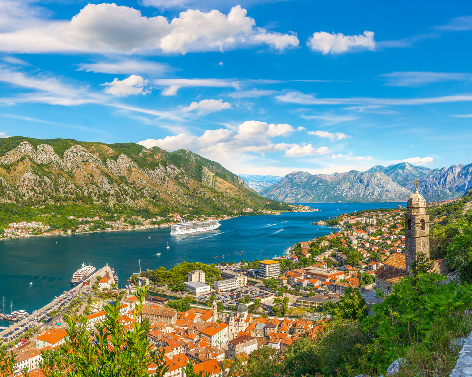View from Kotor Fortress down to the town of Kotor and the Bay of Kotor, Montenegro